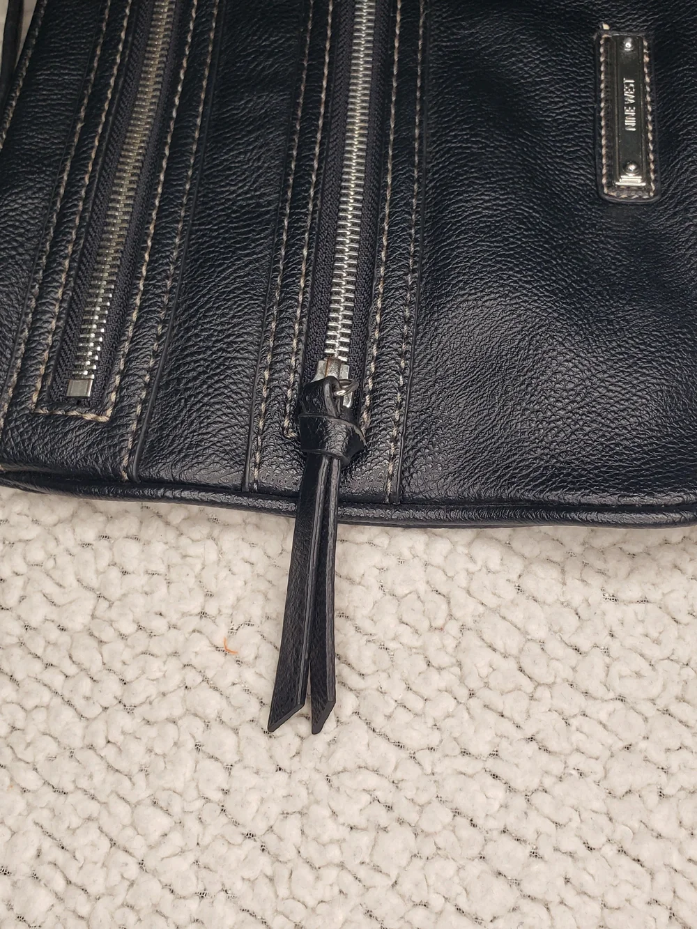 NINE WEST Black Leather Crossbody Bag with Three Front Zippers | Medium